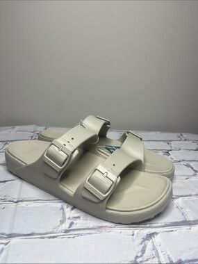 Skechers Beige Slide Sandals with Buckle Detail